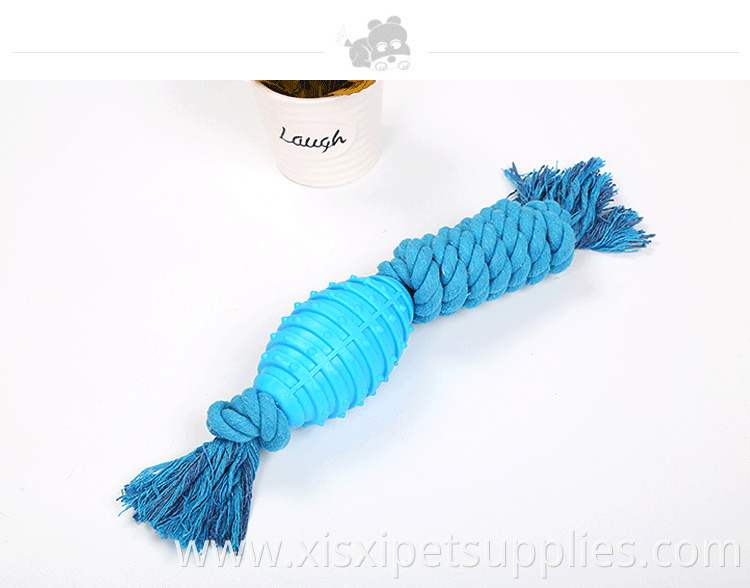 high quality candy color TPR rubber rugby ball with cotton knot rope bite resistance dog chew toy